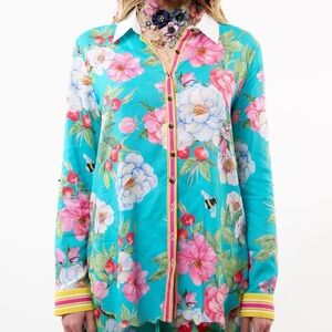 NWT Aratta La Ville Rose Floral Button Down Shirt Top S - Turquoise and Pink